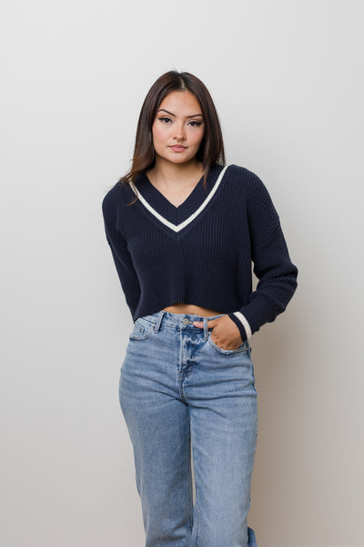 The Varsity Navy & Cream Cropped V Neck Sweater