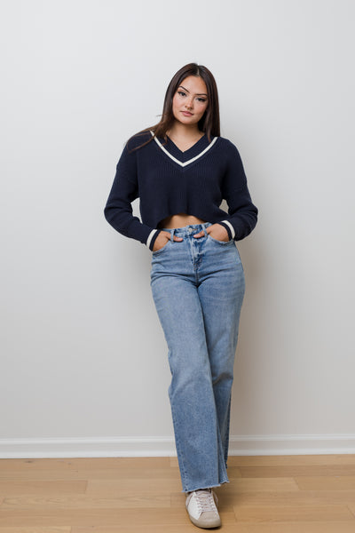 The Varsity Navy & Cream Cropped V Neck Sweater