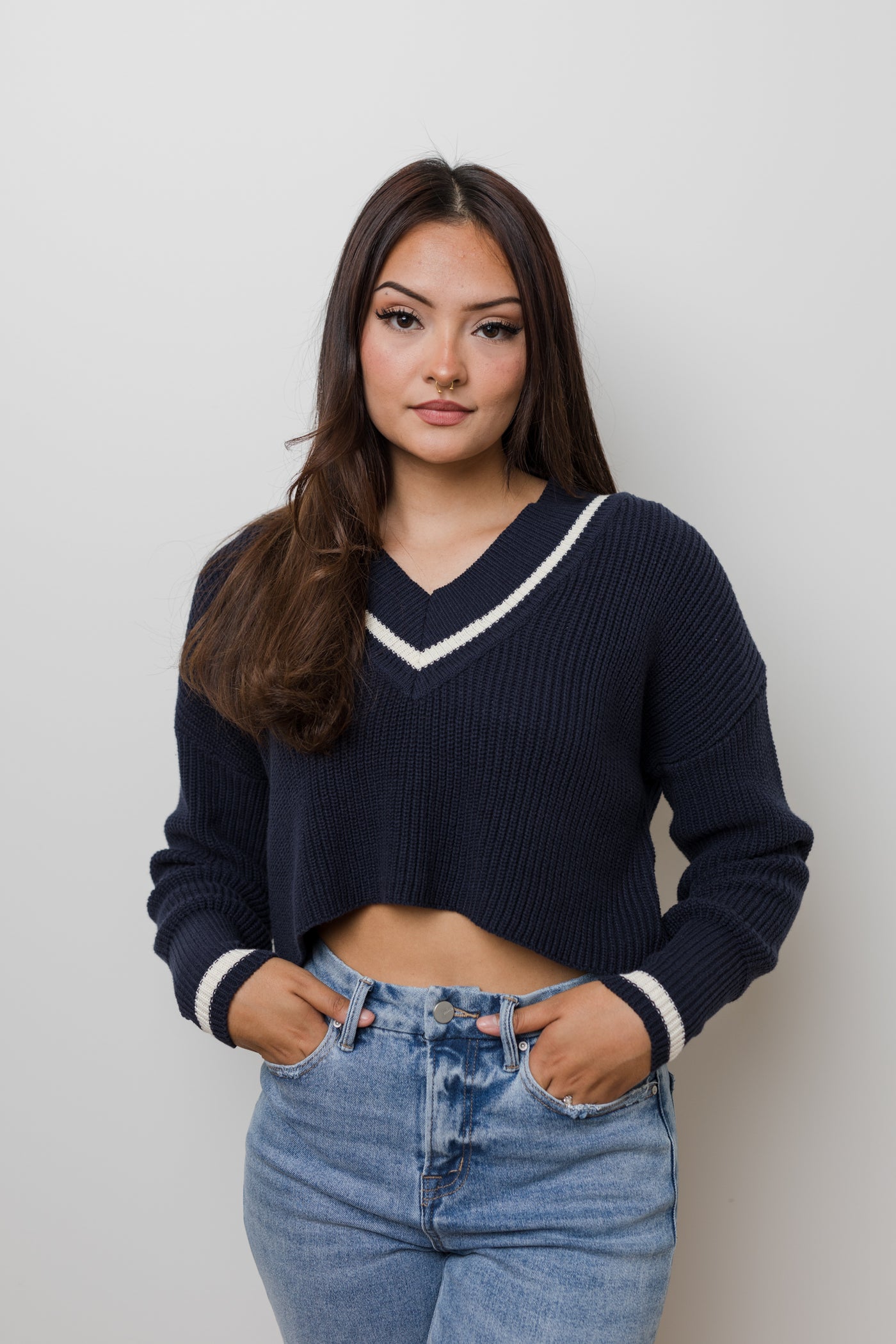 The Varsity Navy & Cream Cropped V Neck Sweater
