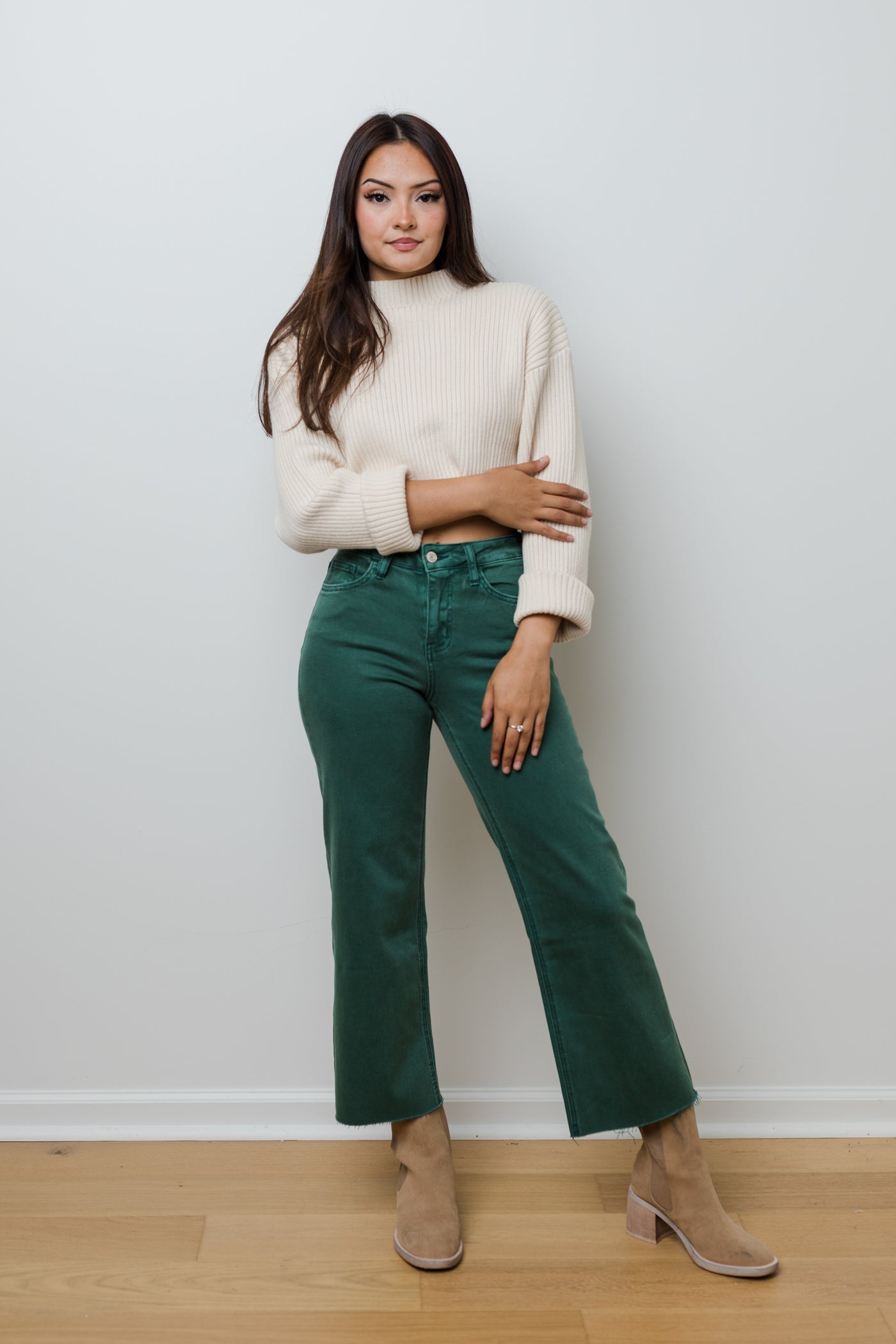 The Mallory Green Wide Leg Raw Hem Jeans