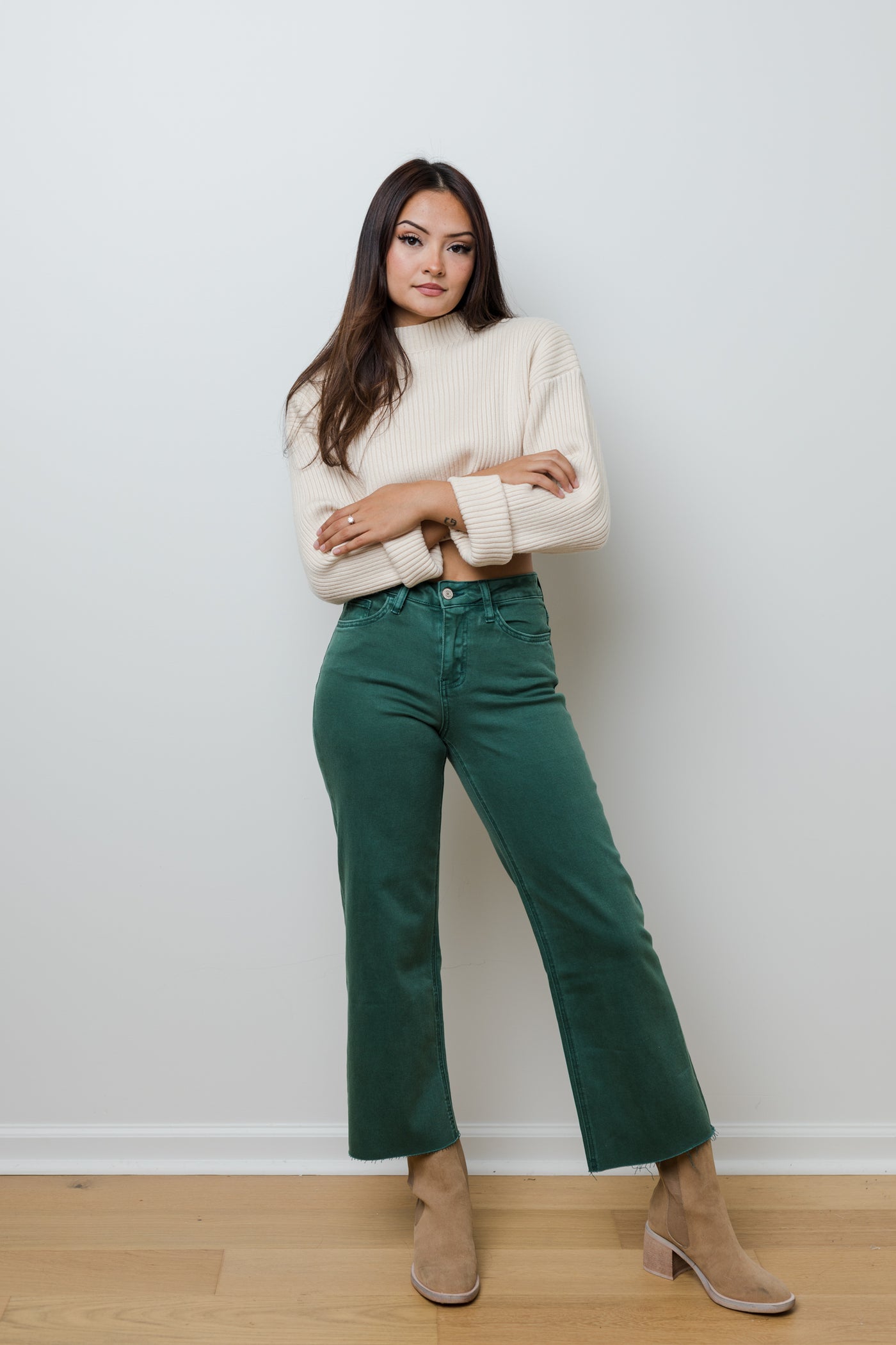 The Mallory Green Wide Leg Raw Hem Jeans