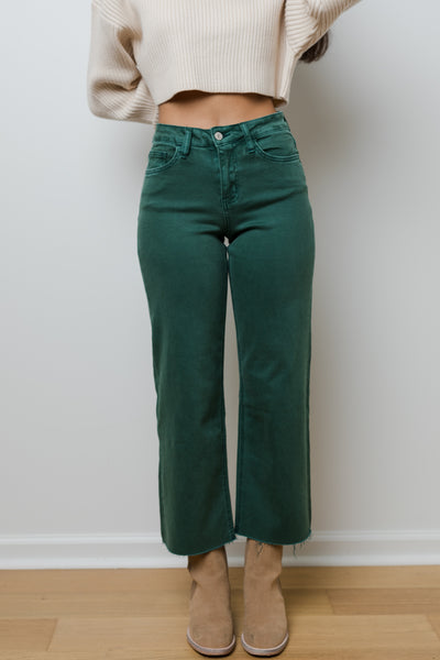 The Mallory Green Wide Leg Raw Hem Jeans