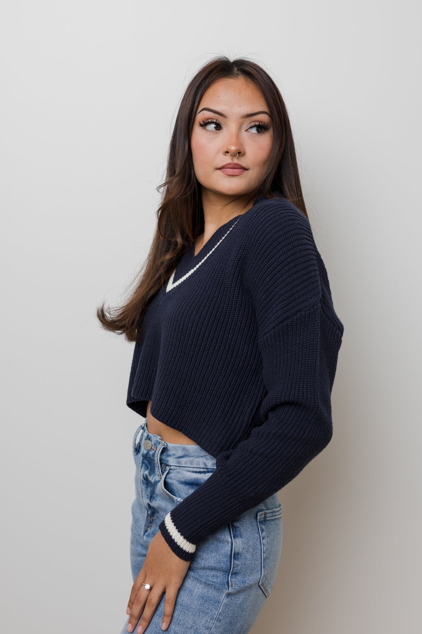 The Varsity Navy & Cream Cropped V Neck Sweater