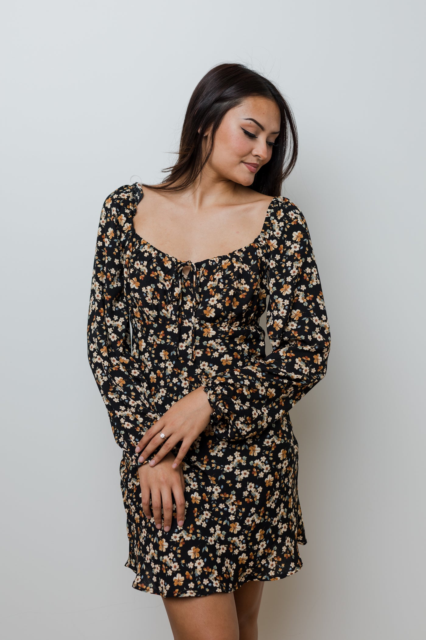 The Back in the Game Black Floral Print Long Sleeve Mini Dress