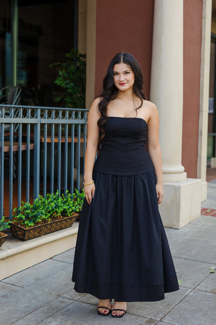 The First In Class Strapless Drop Waist Midi Dress