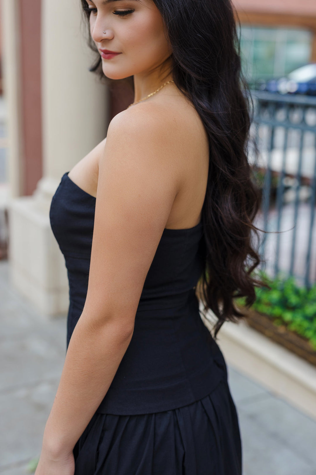 The First In Class Strapless Drop Waist Midi Dress