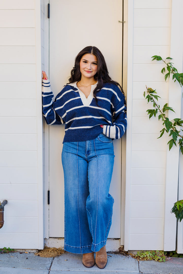 The Marina Striped Soft Knit Collared Sweater