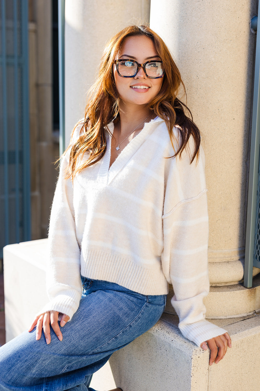 The Marina Striped Soft Knit Collared Sweater