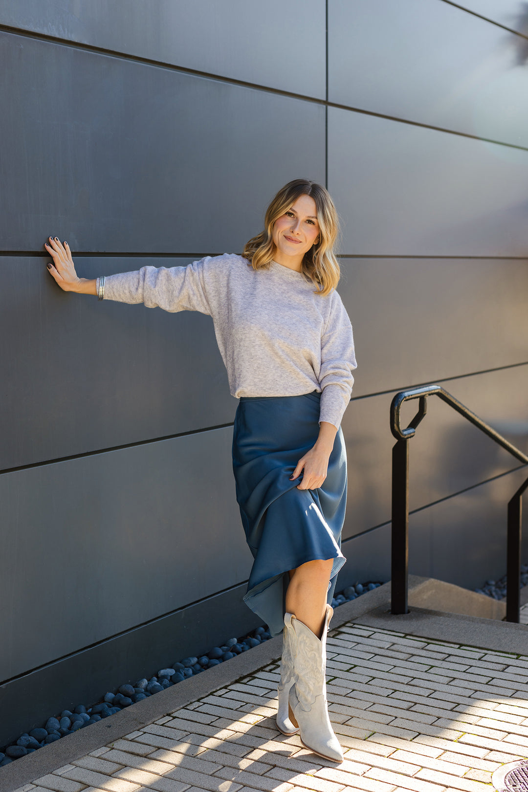 The Meet You At Midnight Blue Satin Midi Skirt