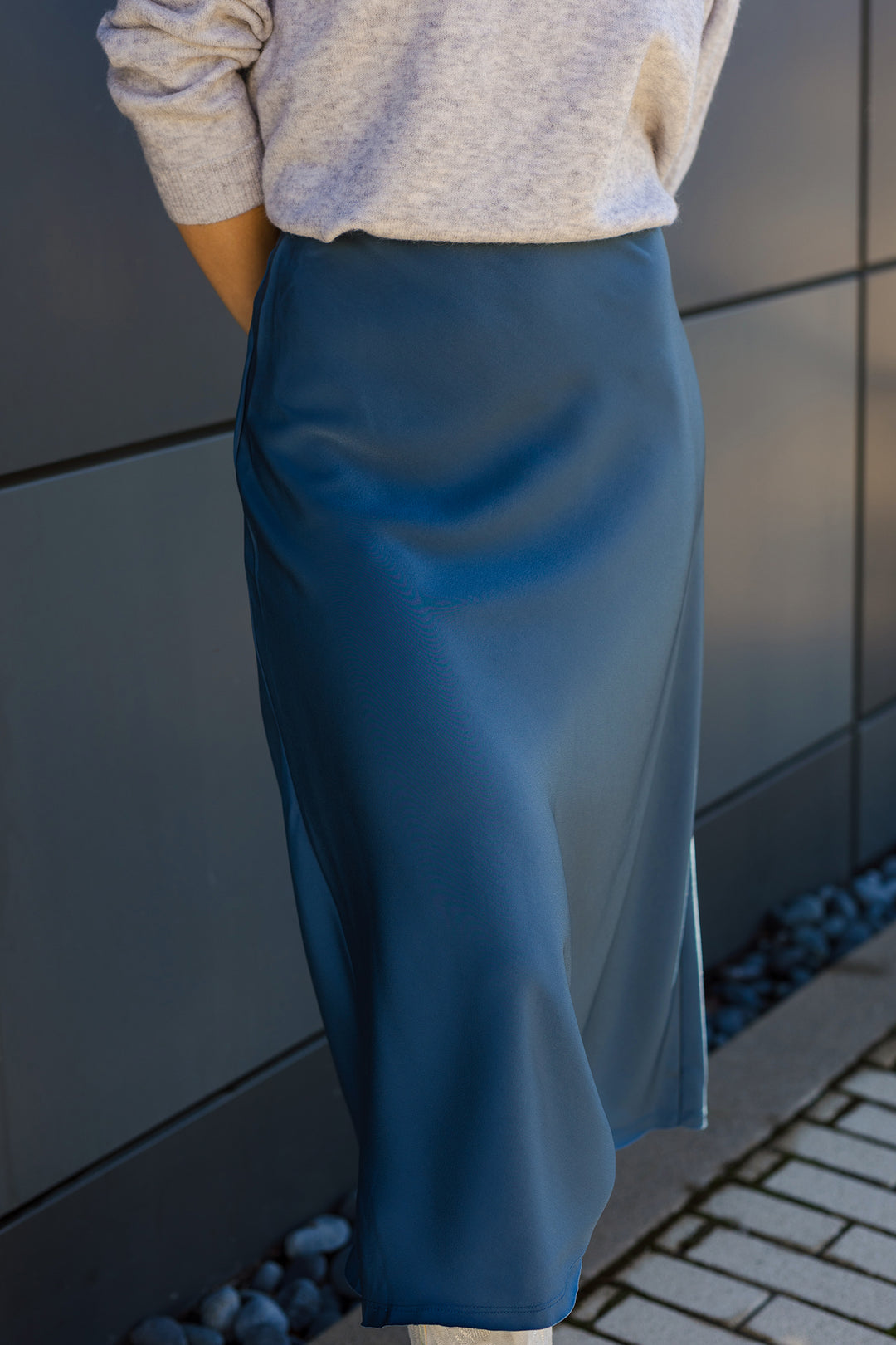 The Meet You At Midnight Blue Satin Midi Skirt