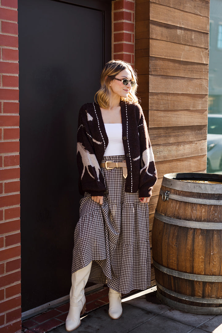 The Nine To Five Chestnut Gingham Tiered Midi Skirt
