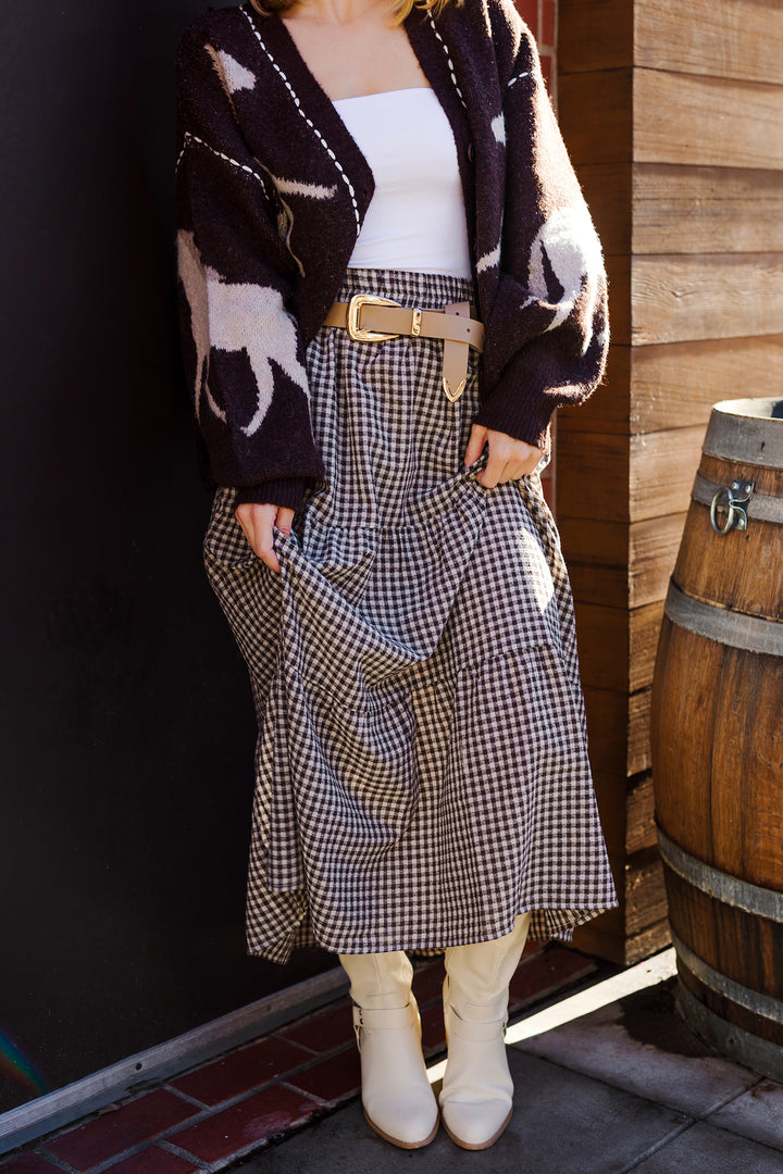 The Nine To Five Chestnut Gingham Tiered Midi Skirt