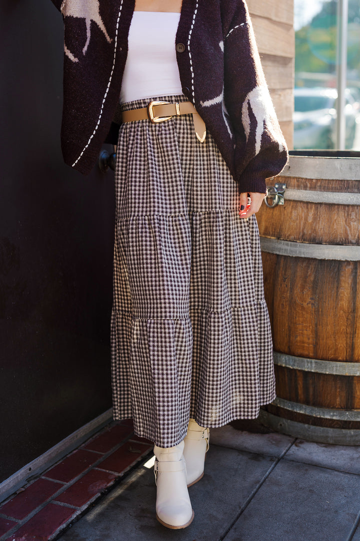 The Nine To Five Chestnut Gingham Tiered Midi Skirt