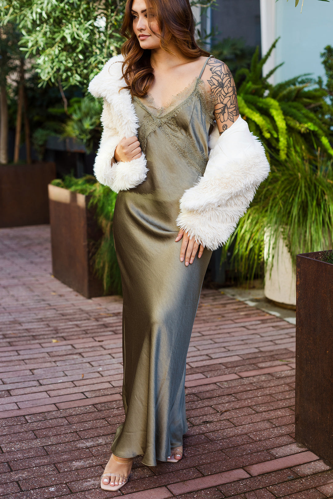 The She's The One Tapenade Satin & Lace Maxi Dress