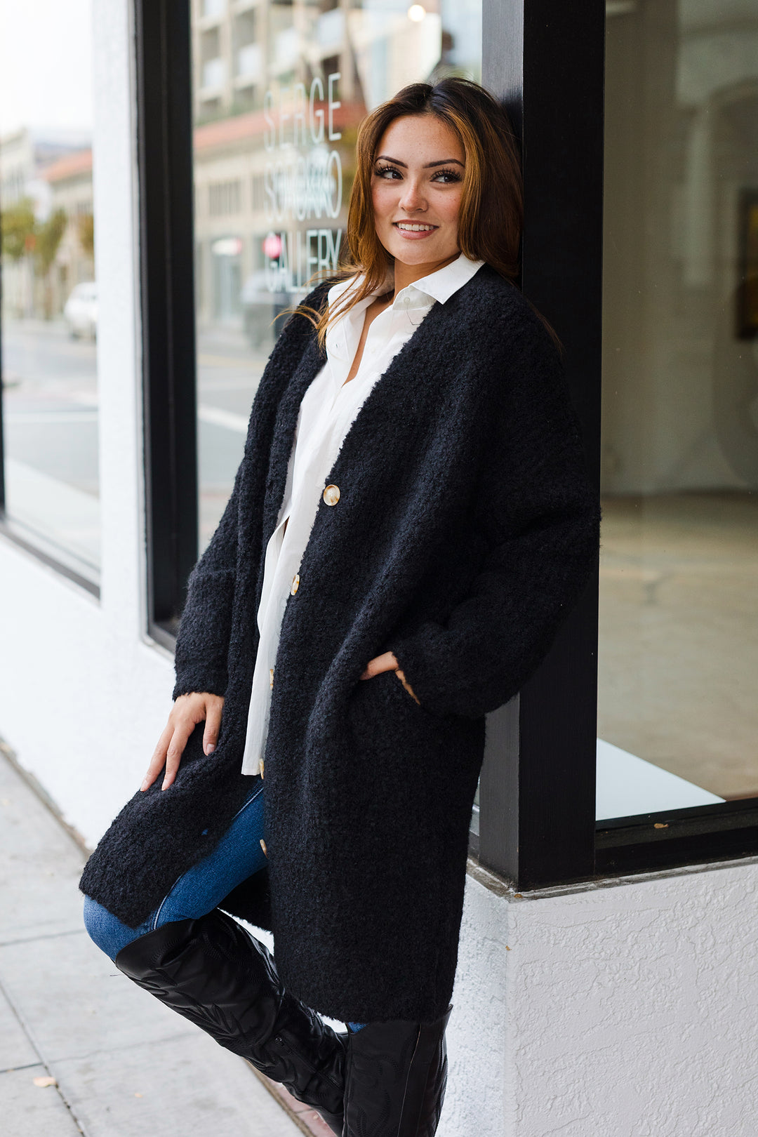 The Black At It Curly Yarn Long Cardigan