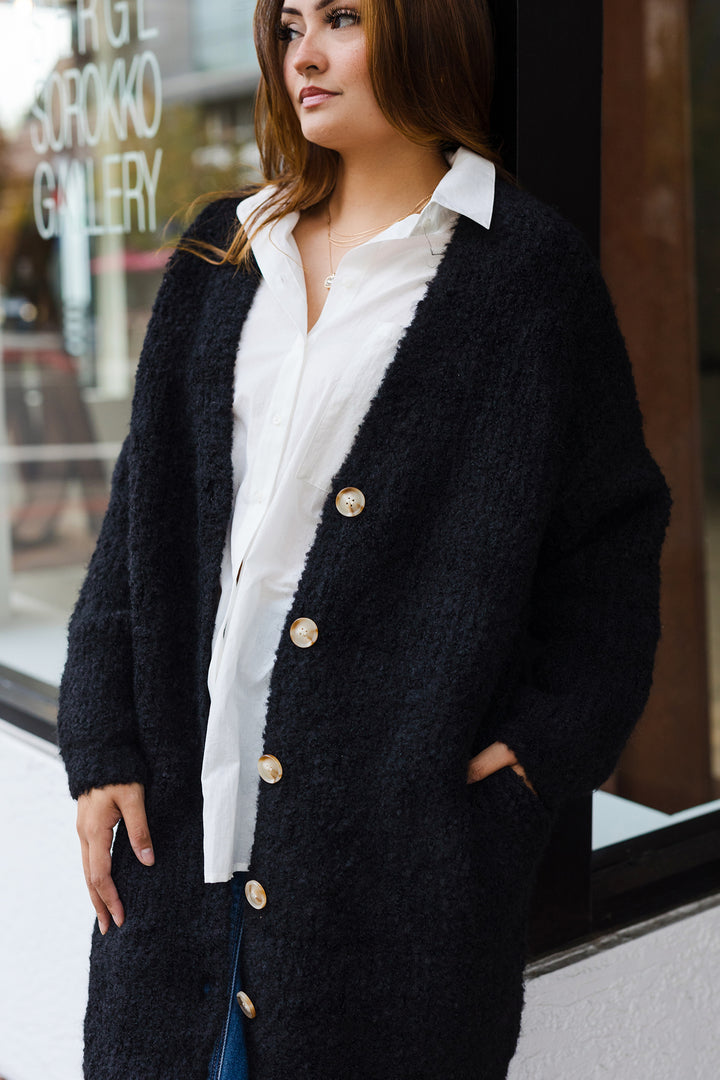 The Black At It Curly Yarn Long Cardigan