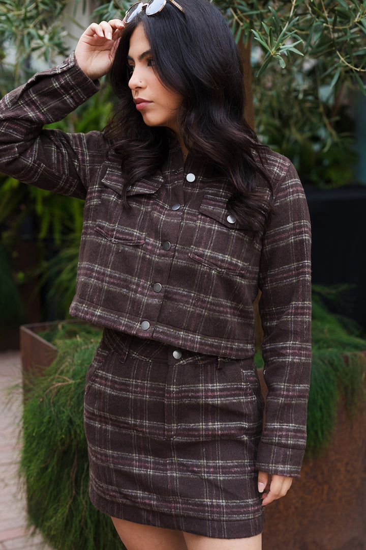 The Serena Chocolate Plaid Button Front Jacket