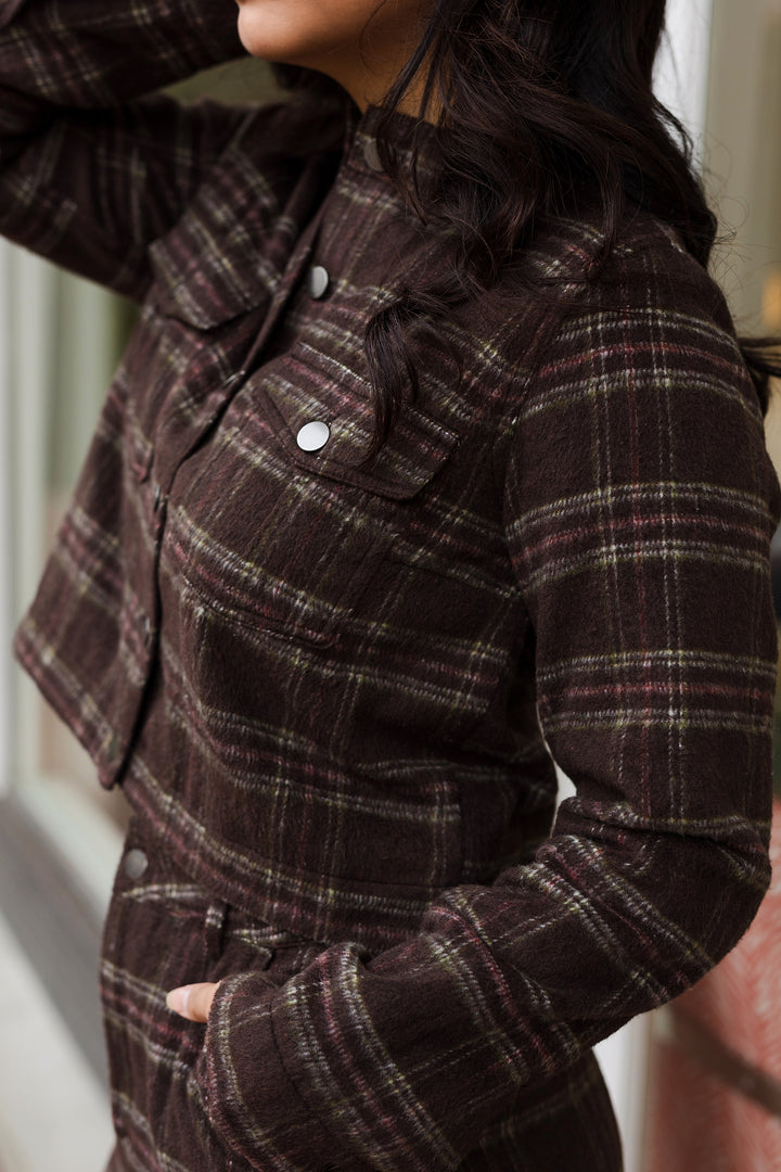 The Serena Chocolate Plaid Button Front Jacket