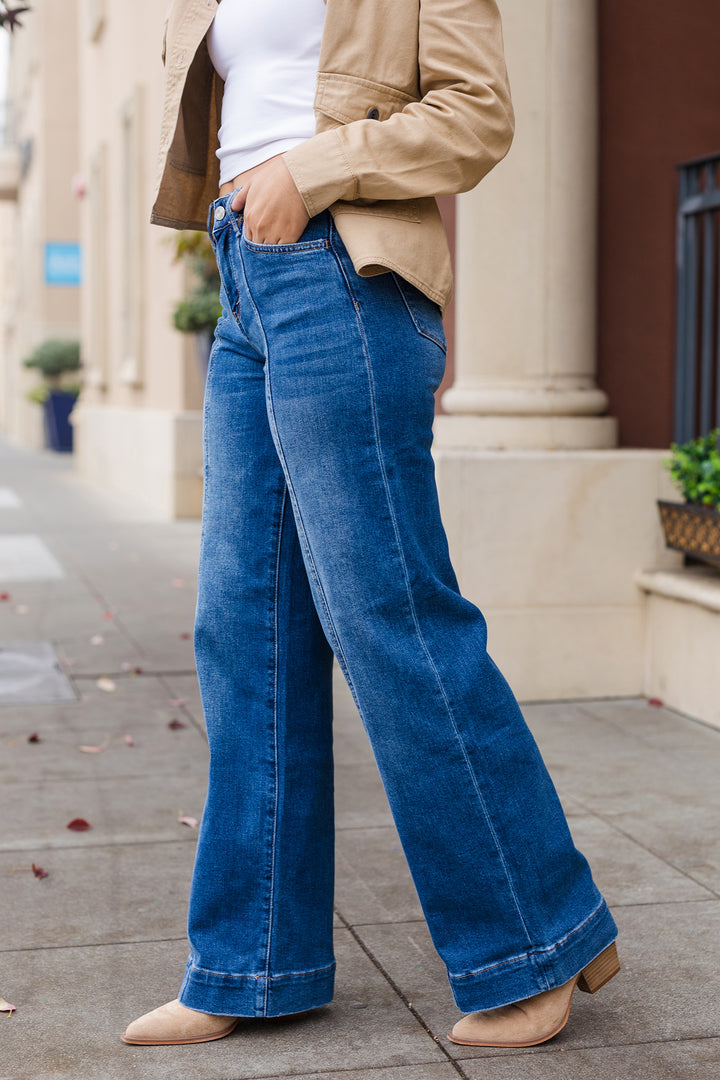 The Moon Bar Front Seam Medium Wash Wide Leg Trouser Jeans