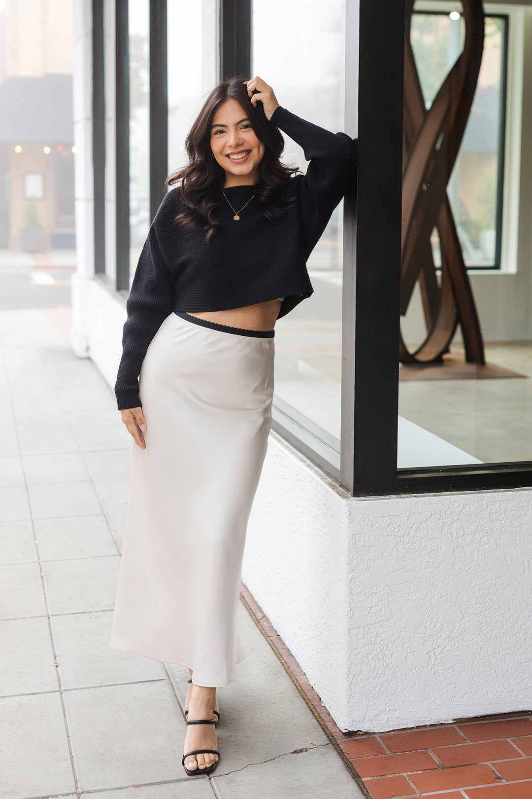 The Ella Champagne Satin Midi Skirt