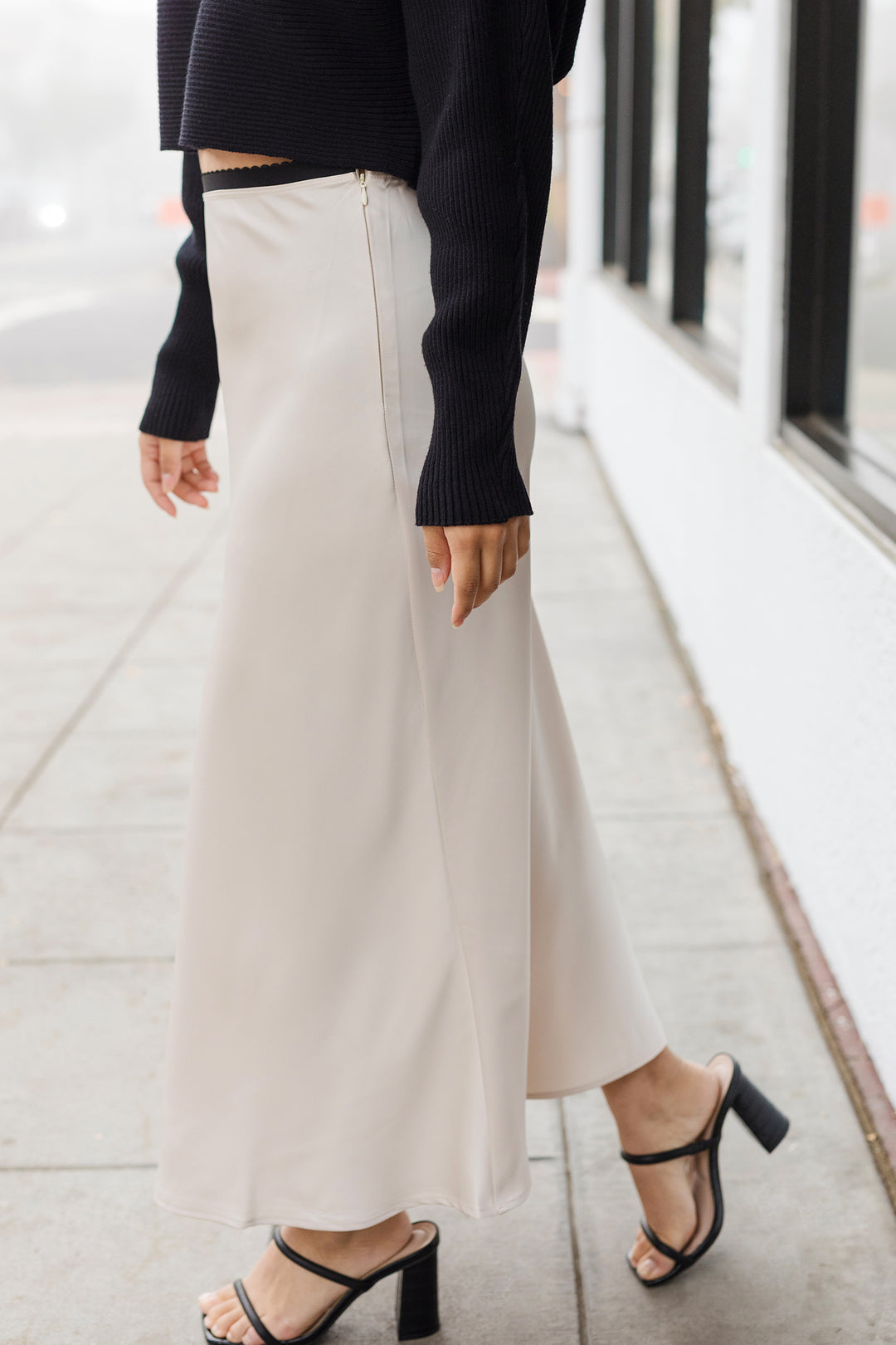 The Ella Champagne Satin Midi Skirt