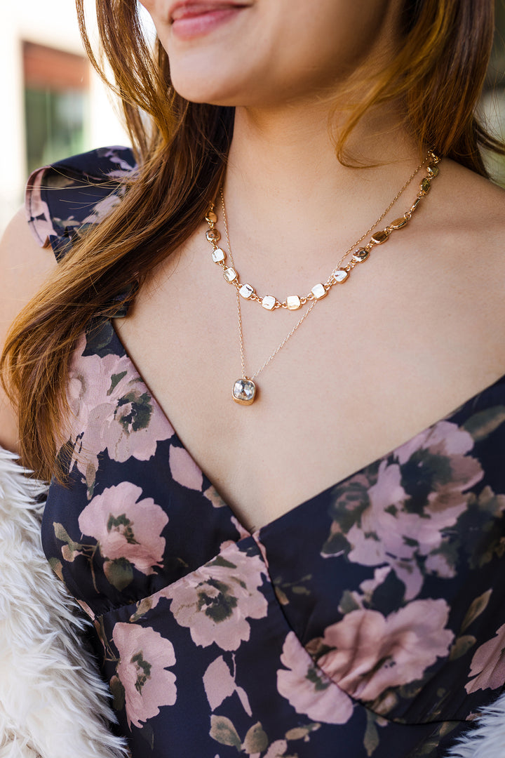 The Two Layered Hammered Square with Clear Crystal Drop 16"-18" Necklace