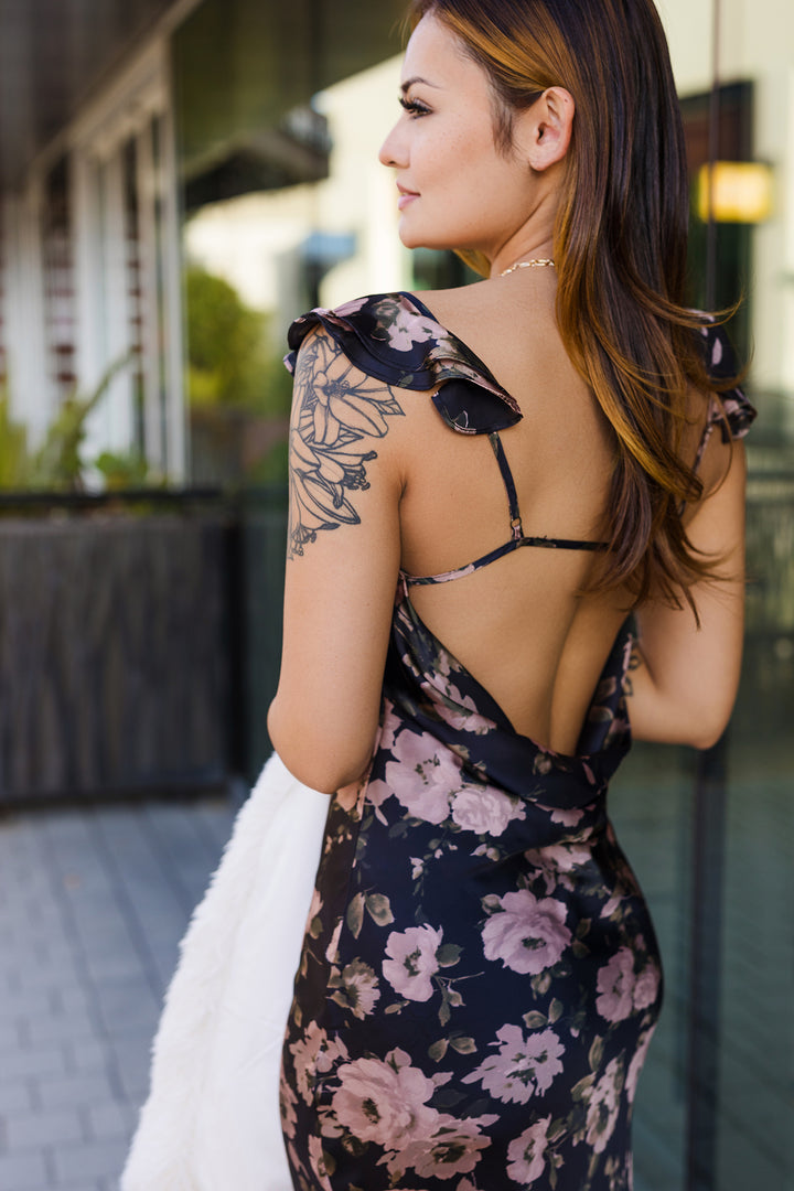 The Ashen Rose Flutter Shoulder Maxi Dress