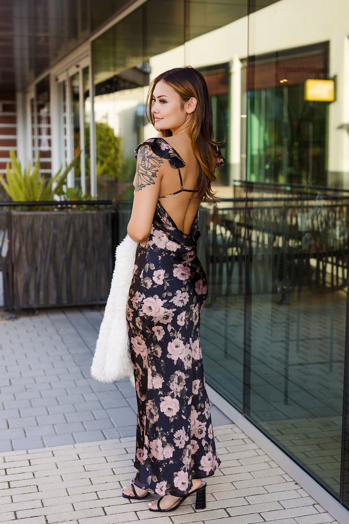 The Ashen Rose Flutter Shoulder Maxi Dress