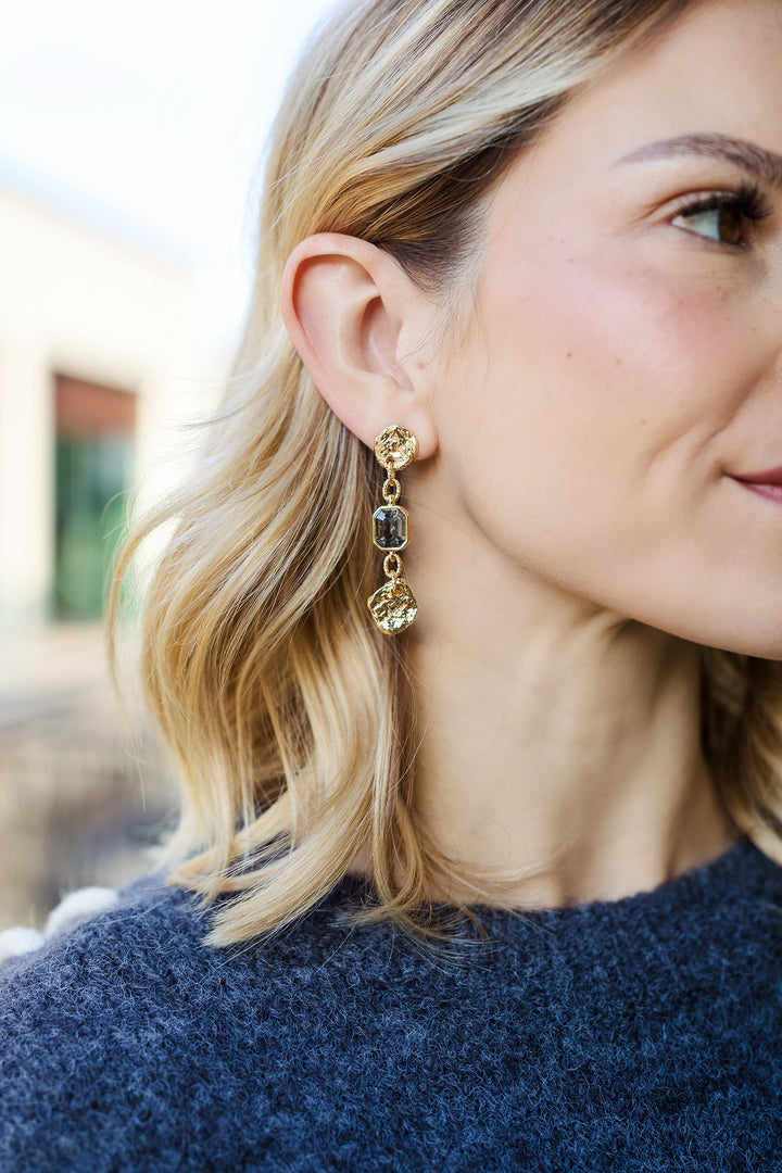 The Gold Coin with Black Diamond Crystal Drop Earrings