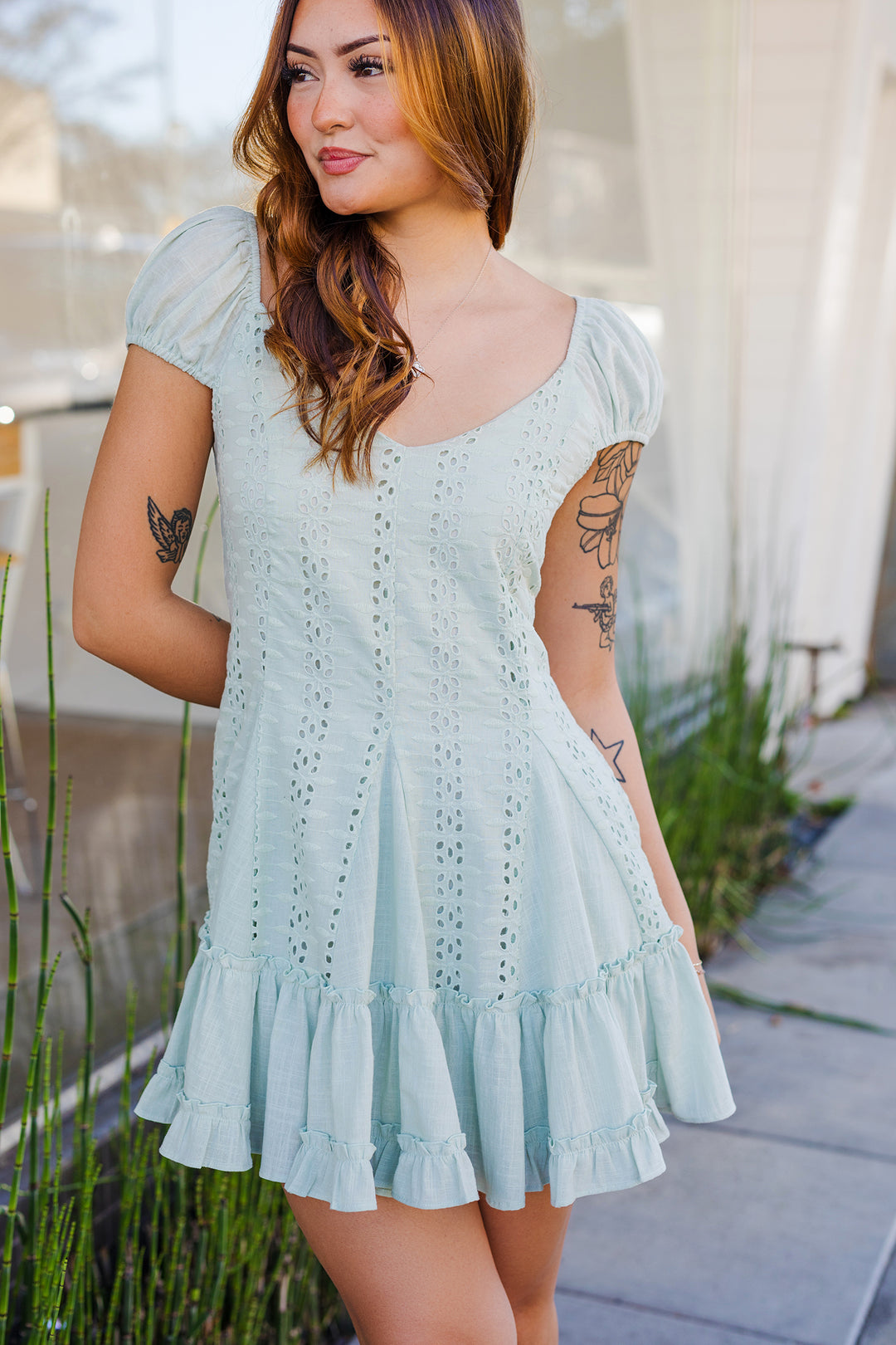 The Sweet Meadow Eyelet Mini Dress - Sage Green Eyelet Dress Shoppe Miah The Sweet Meadow Eyelet Mini Dress - Sage Green Eyelet Dress Shoppe Miah
