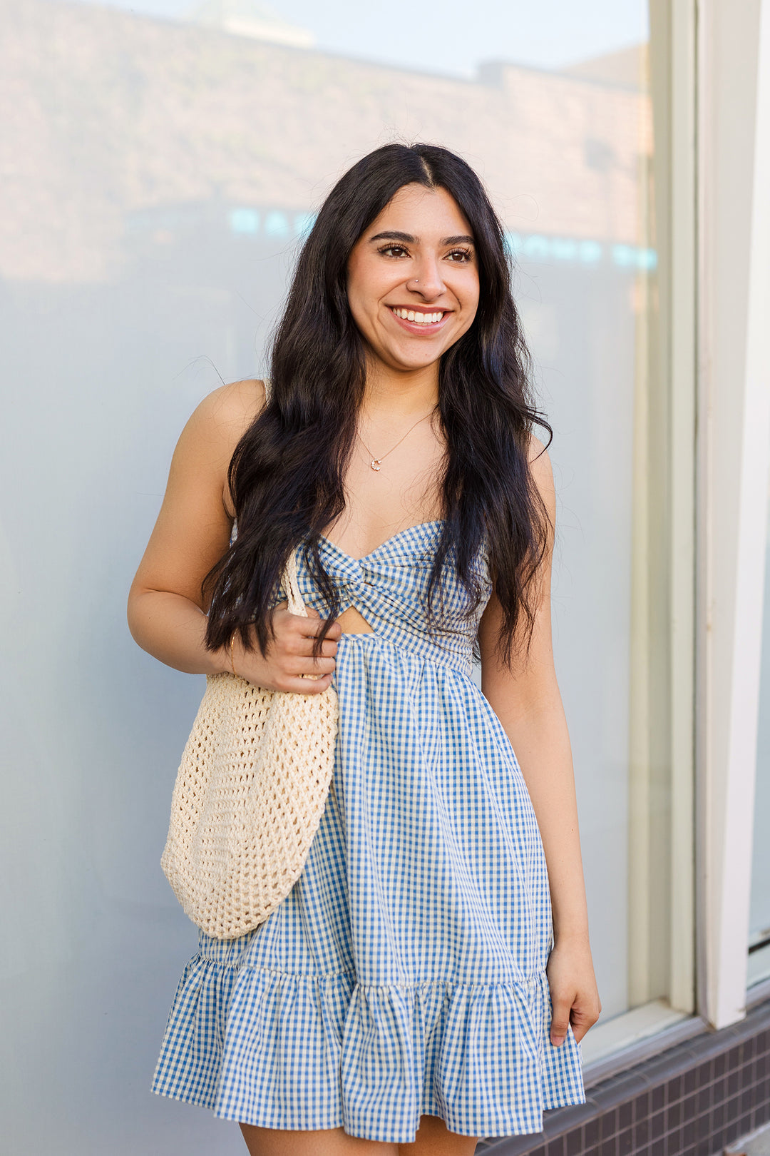 The Girl In Gingham Blue Strapless Mini Dress