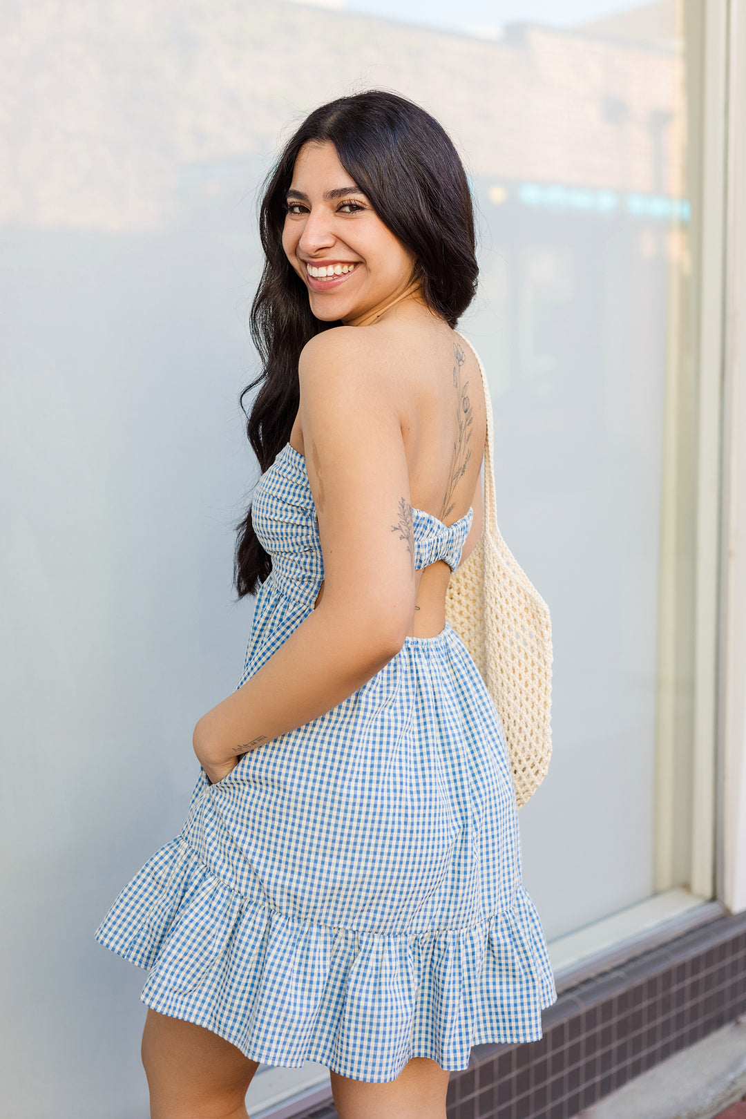 The Girl In Gingham Blue Strapless Mini Dress