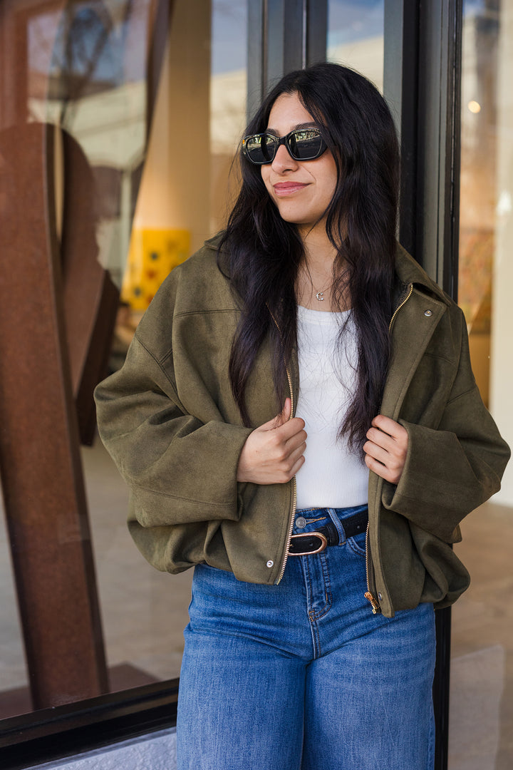 The Downtown It-Girl Suede Bomber Jacket