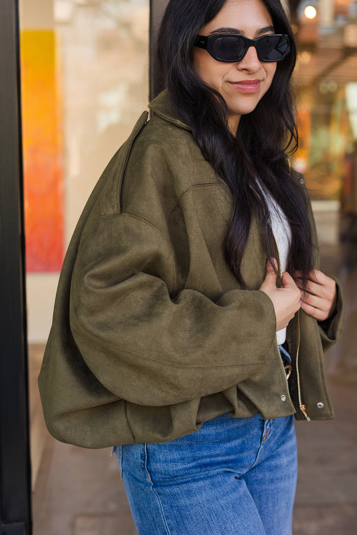 The Downtown It-Girl Suede Bomber Jacket