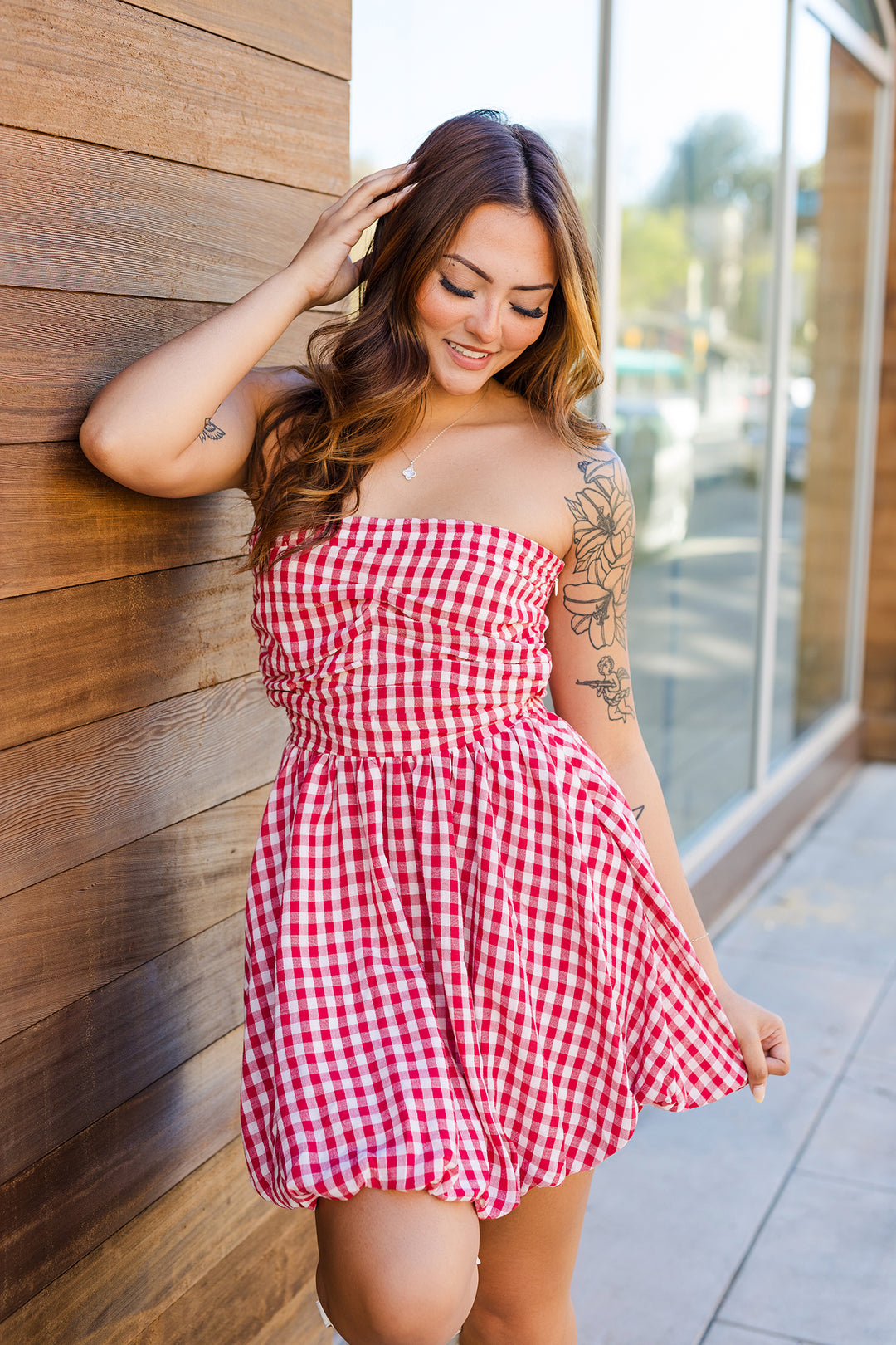 strapless red gingham dress Maisie Red Gingham Strapless Mini Dress - US 10