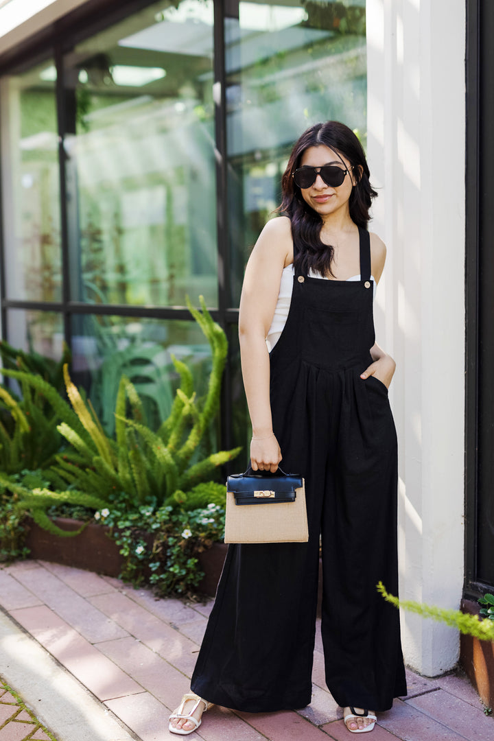 The Total Eclipse Black Linen Wide Leg Overalls