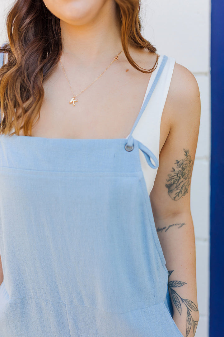 The Aleah Blue Linen Overall Rompers