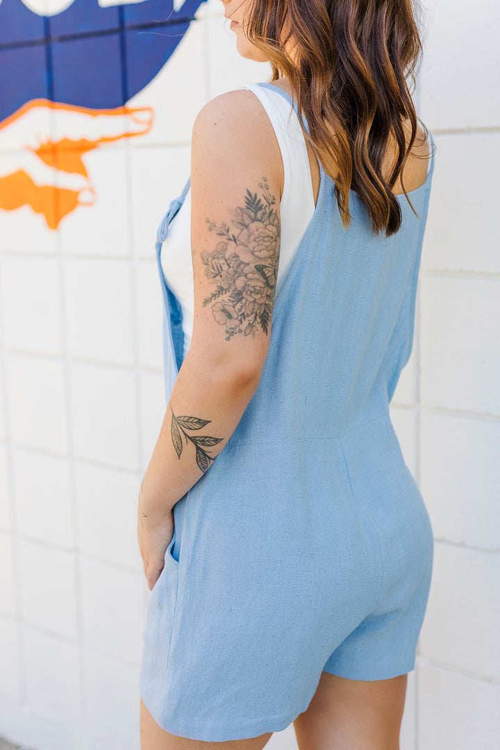 The Aleah Blue Linen Overall Rompers