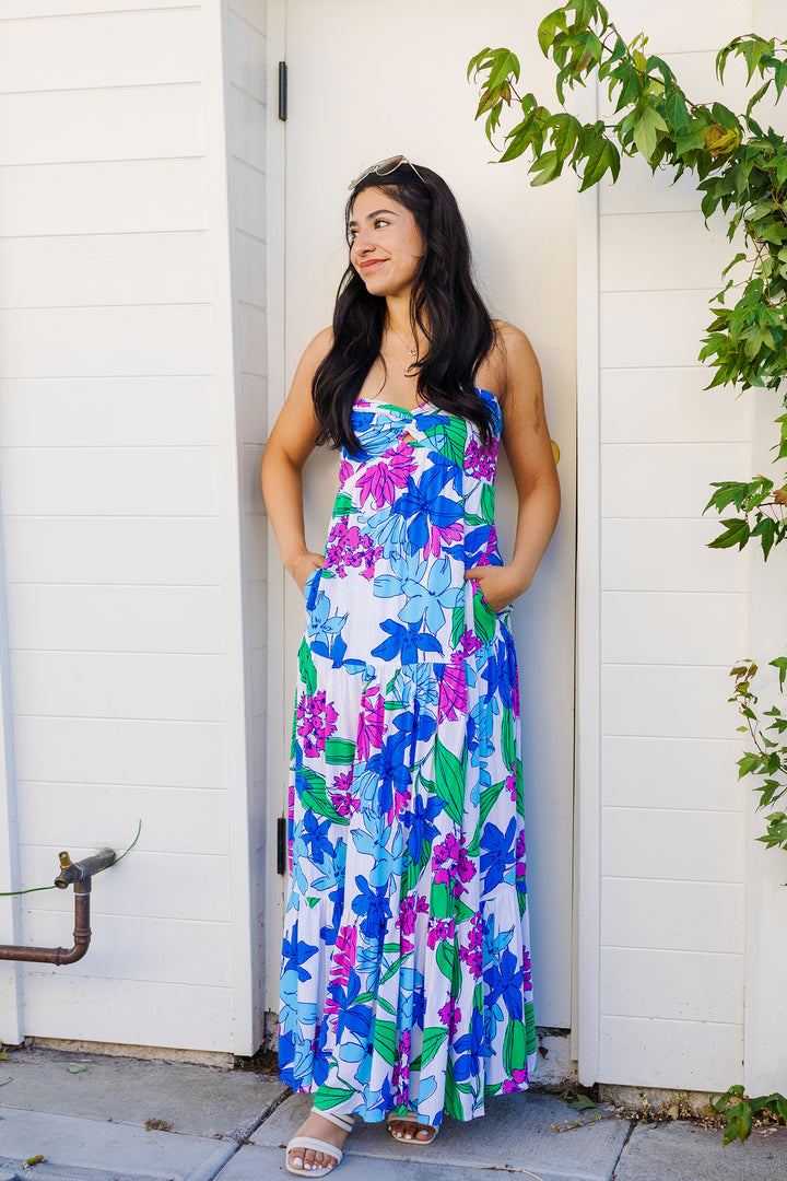 The Somewhere Tropical Palm Print Strapless Maxi Dress