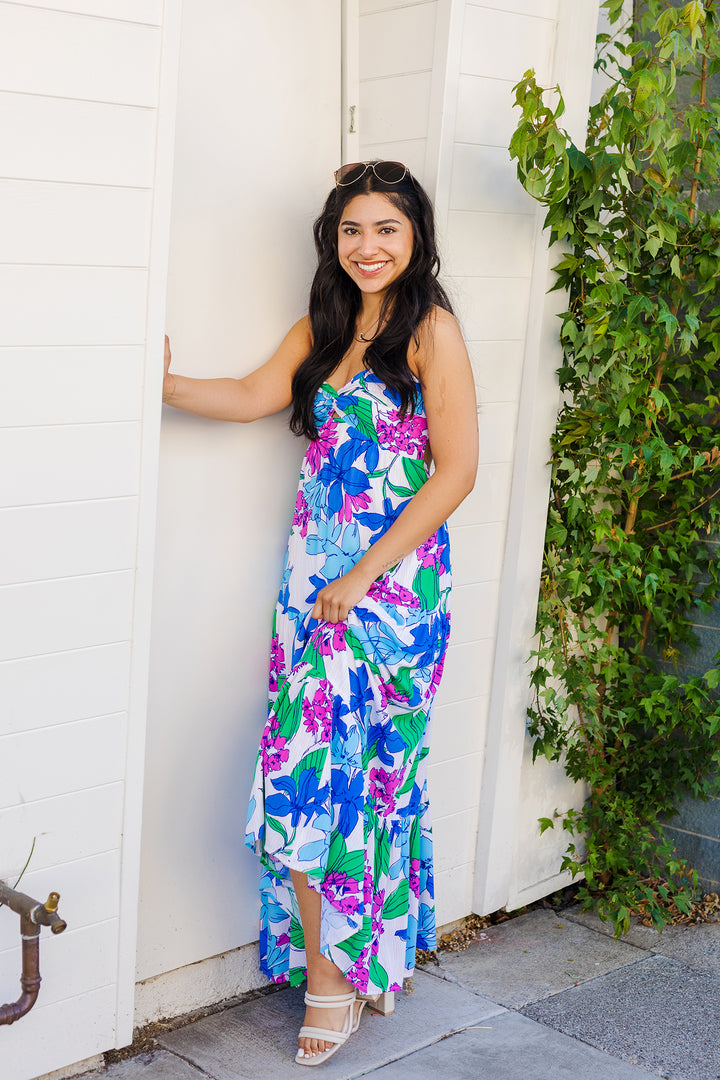 The Somewhere Tropical Palm Print Strapless Maxi Dress