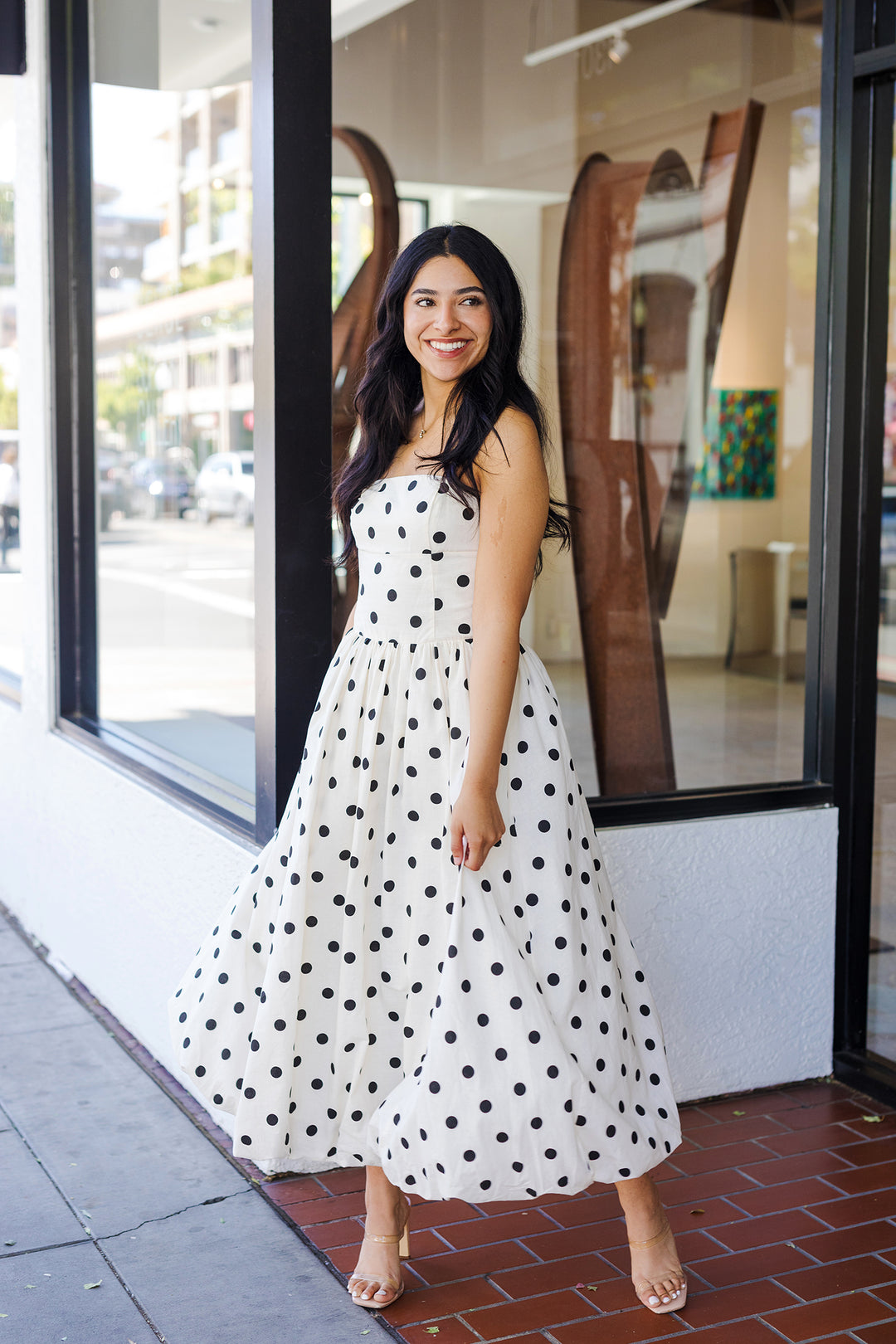 Cream Polka Dot Bubble Hem Midi Dress - Dakota Strapless Fit & Flare Shoppe Miah Cream Polka Dot Bubble Hem Midi Dress - Dakota Strapless Fit & Flare Shoppe Miah