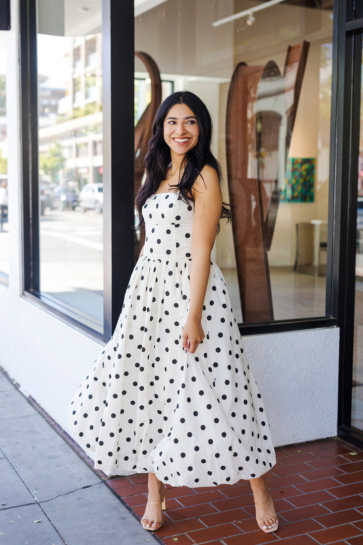 The Dakota Polka Dot Strapless Bubble Midi Dress