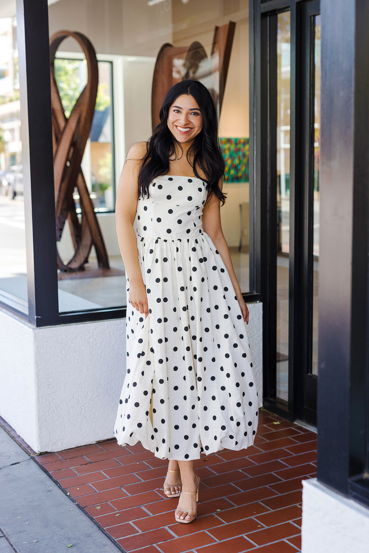 The Dakota Polka Dot Strapless Bubble Midi Dress