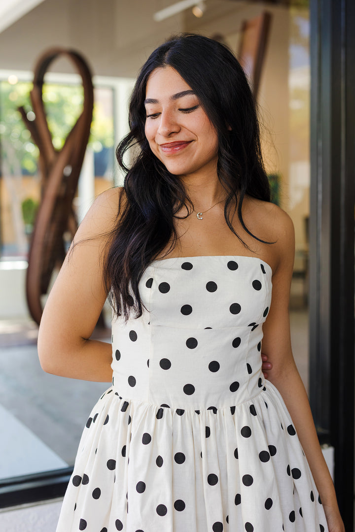 The Dakota Polka Dot Strapless Bubble Midi Dress