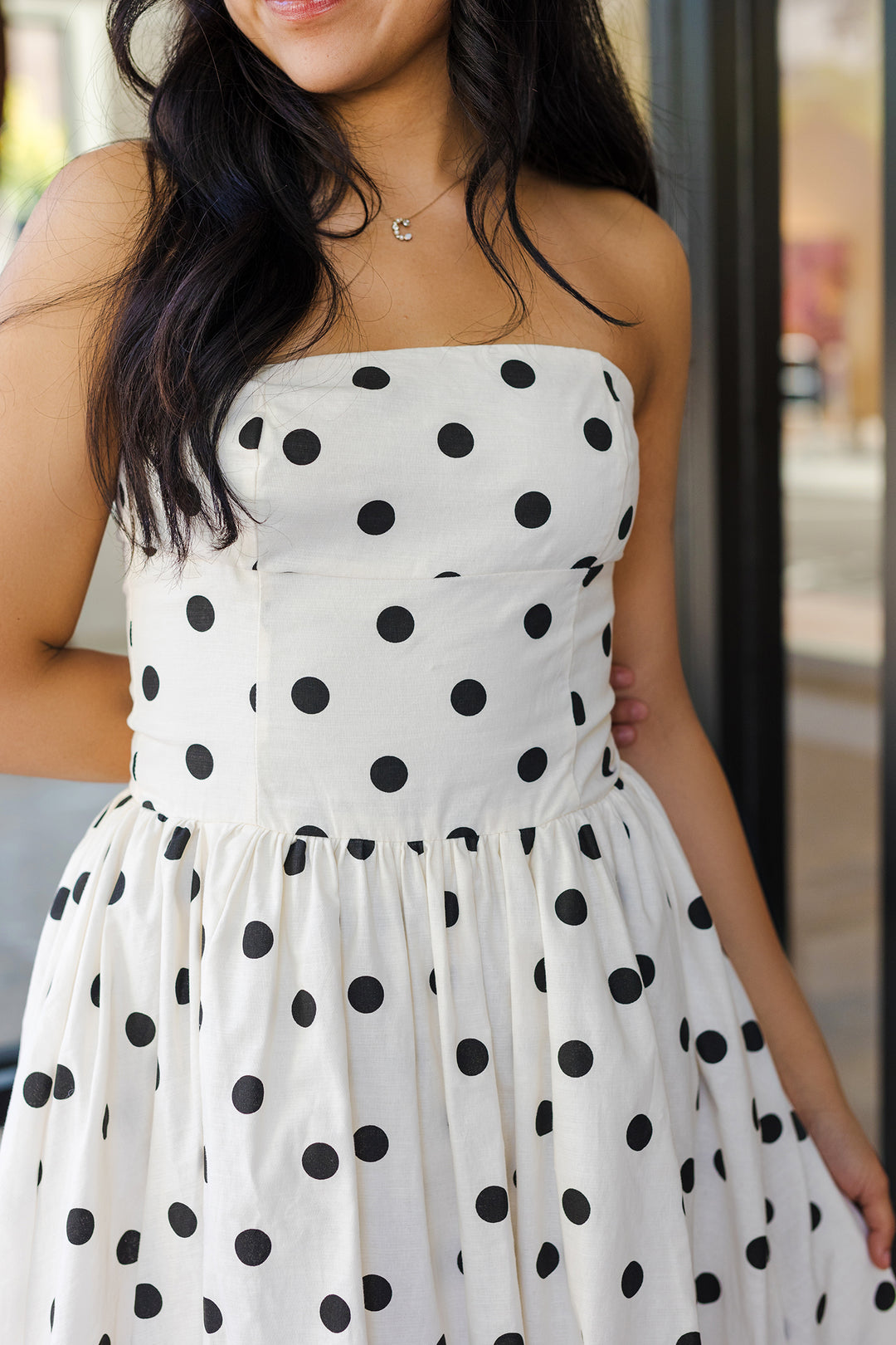 The Dakota Polka Dot Strapless Bubble Midi Dress