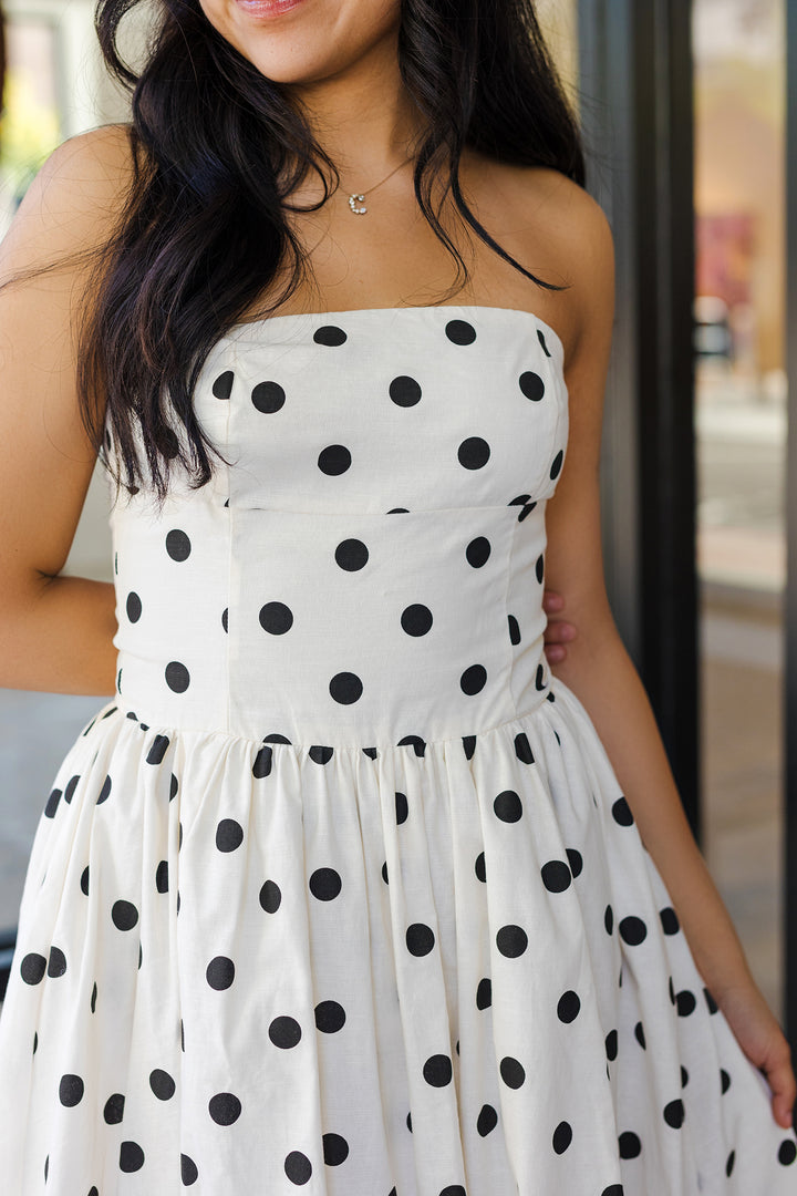 The Dakota Polka Dot Strapless Bubble Midi Dress