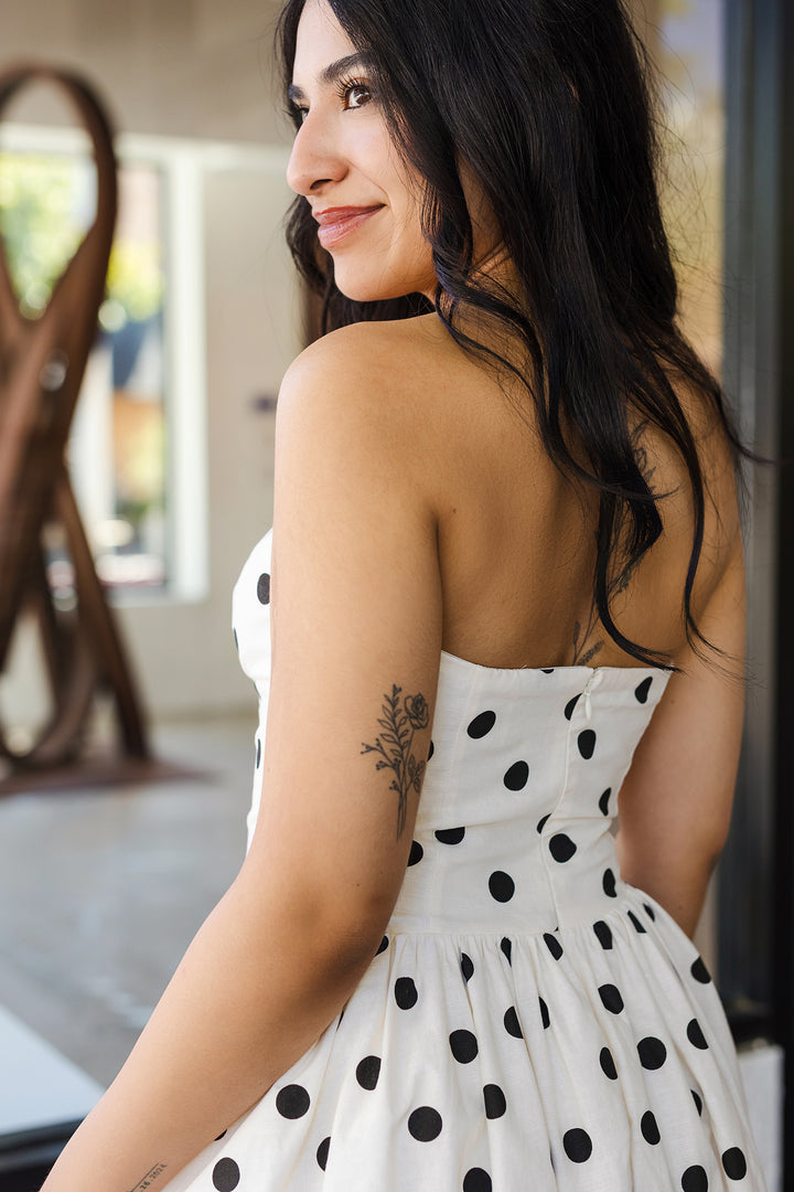 The Dakota Polka Dot Strapless Bubble Midi Dress