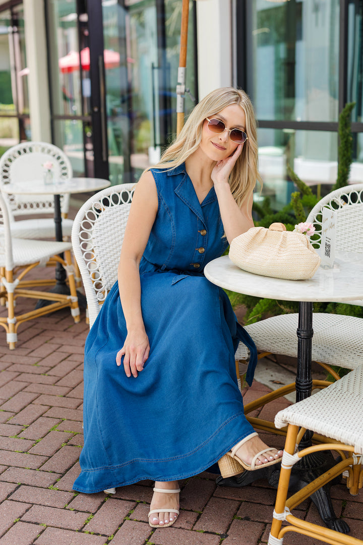 The Chasing Sunsets Belted Denim Midi Dress