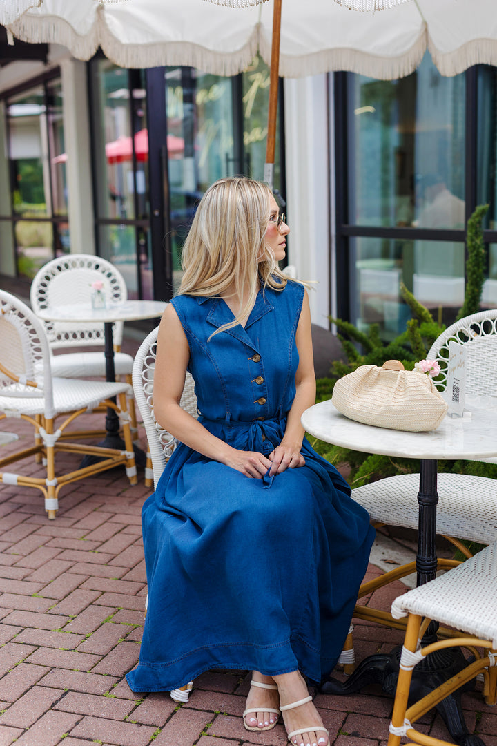 The Chasing Sunsets Belted Denim Midi Dress