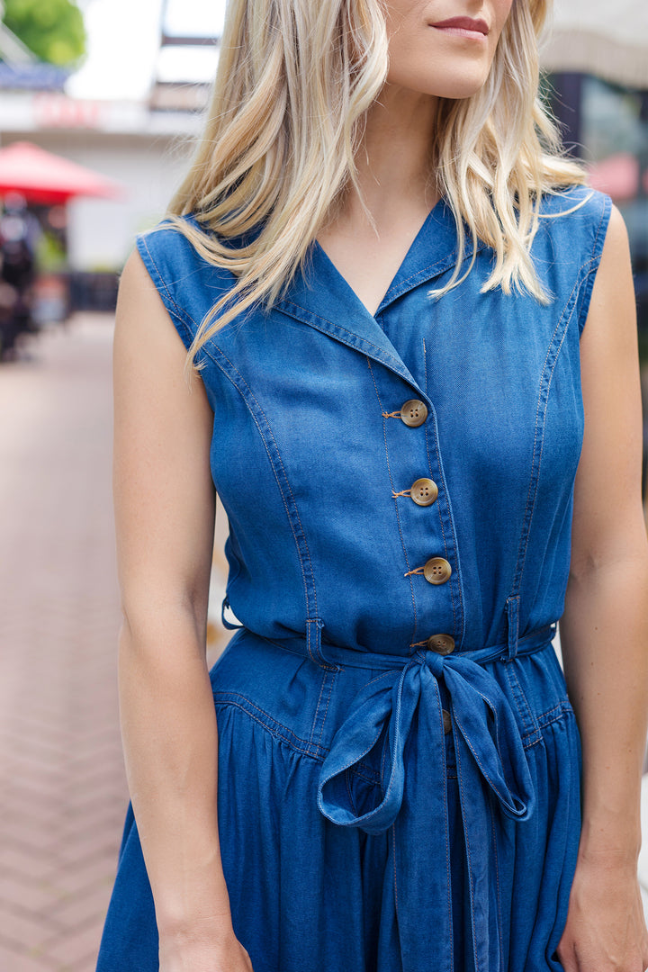 The Chasing Sunsets Belted Denim Midi Dress